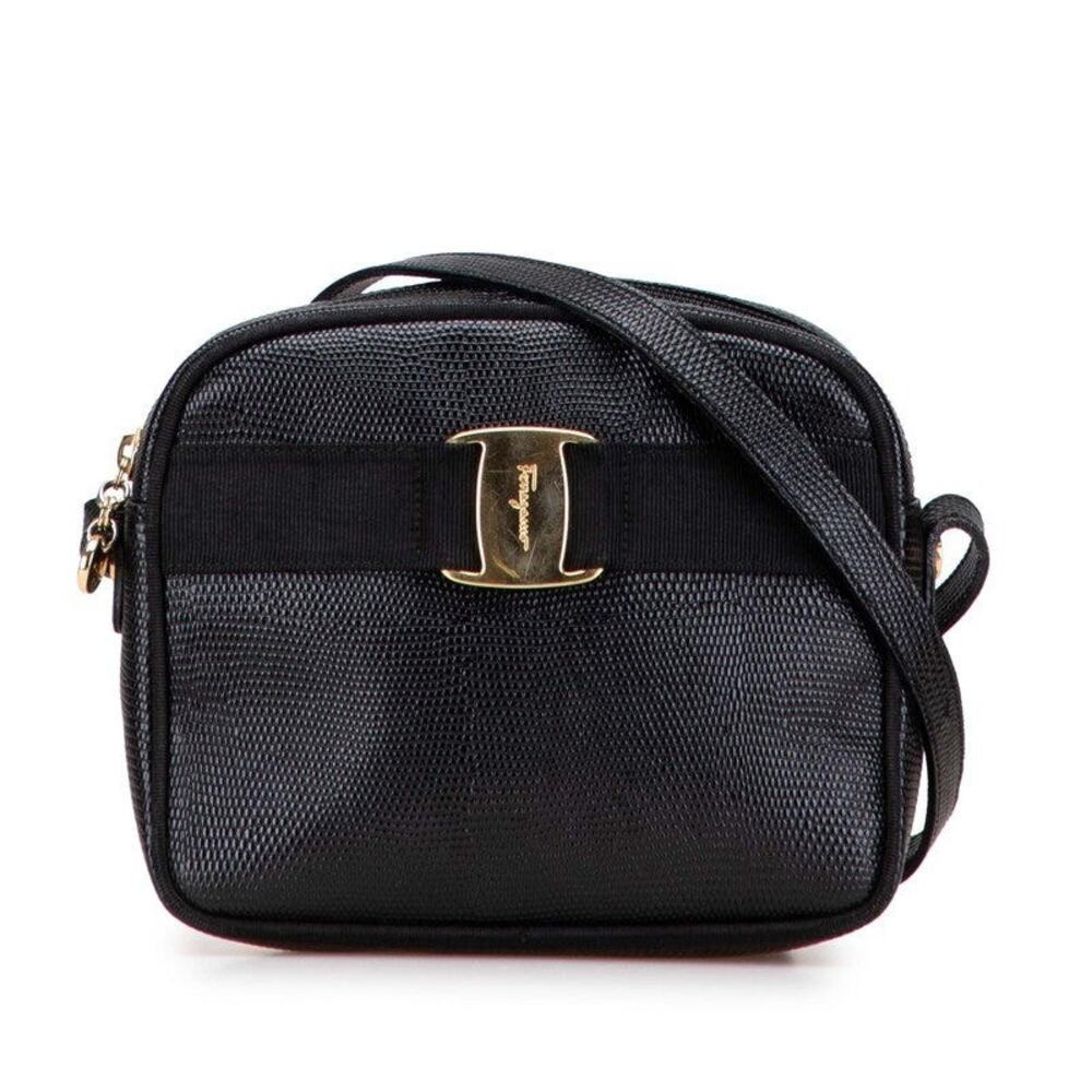Salvatore Ferragamo Vara Lizard Embossed Leather Shoulder Bag Black